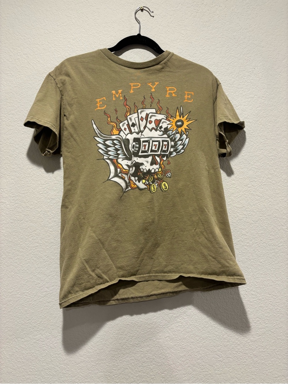 Empyre Olive Green Graphic Tee with Skull & Cards Artwork